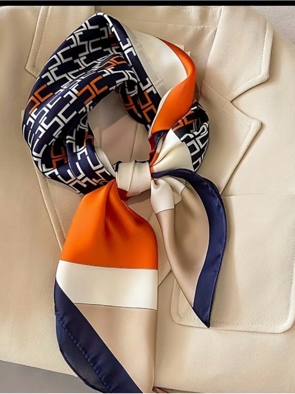 Silk-Feel Geometric Print Neck Scarf in Orange, Navy and Cream